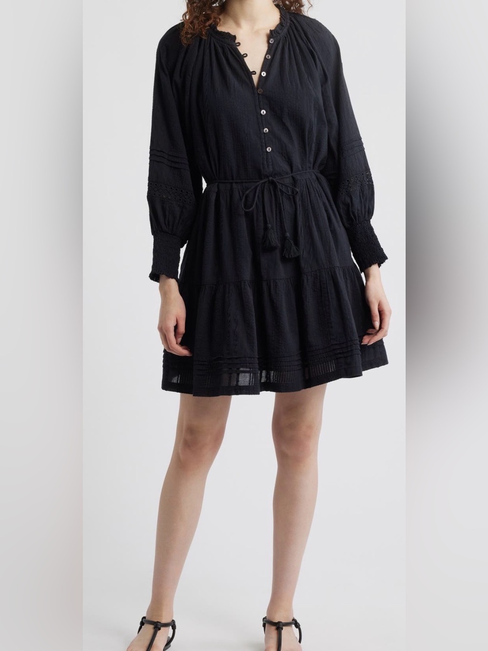 NWT Cleobella Black Organic Cotton Tiered Mini Dress Long Sleeve Size Small